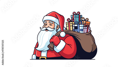 Cartoon illustration of Santa Claus smiling and carrying a large sack filled with colorful Christmas presents.