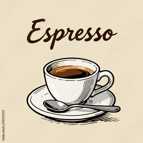 Vintage style vector illustration of a hot espresso coffee in a cup on a saucer. Sketch for a coffee shop menu or cafe branding