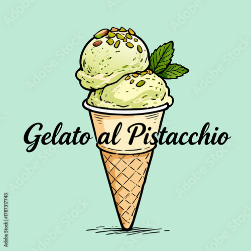 Vector illustration of a delicious pistachio gelato ice cream cone, topped with chopped nuts and a fresh mint leaf on a green background