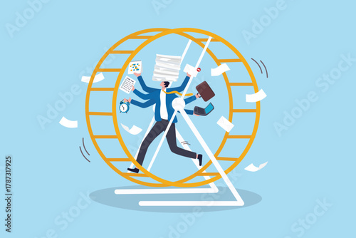 Hustle culture toxic, overworked productivity disorder, busy exhausted tired work, urgent or unhealthy job or career overwhelmed, anxiety or stress, businessman with hustle side job run on rat race.