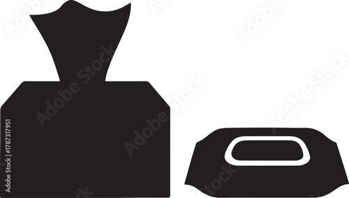  tissue box with tissues and a wet wipe packet on a white background