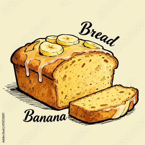 A delicious illustration of a freshly baked loaf of moist banana bread, drizzled with sweet glaze and topped with fresh banana slices