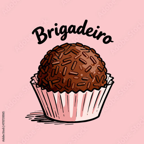 Brigadeiro, vector illustration of a delicious Brazilian chocolate fudge ball covered in sprinkles, a sweet candy treat known as a traditional dessert, presented in a paper cup