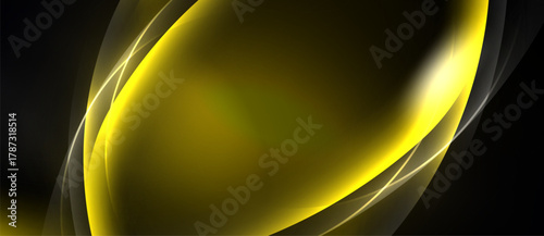 Abstract golden waves flow across black background. Smooth curves create dynamic visual effect. Brightness contrasts sharply with darkness.