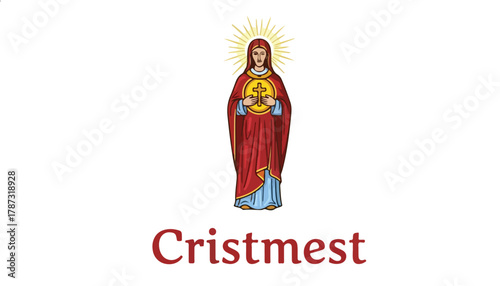 Illustration of a religious figure, holding a golden object, with a radiant halo, and the word "Cristmest" below.