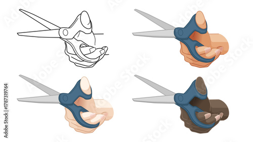 ハサミを持つ手のモノクロ線画と黄色人種、白人、黒人がハサミを持つ手のバリエーション