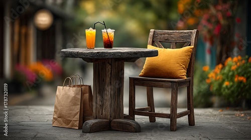 Fototapeta Naklejka Na Ścianę i Meble -  A small round caf?(C) table with shopping bags leaning on the chair, iced drink, and colorful store signs in the background.