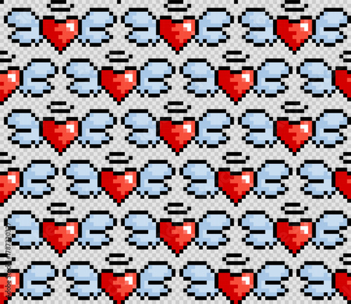 Seamless pixel background with winged hearts.