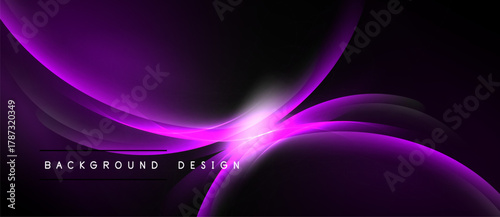 Abstract purple waves, bright center glow. Dark background creates dramatic visual effect. Modern design element for projects.