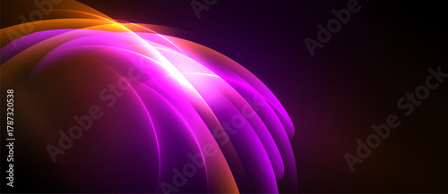 Abstract vibrant curves, glowing light, dark background. Smooth gradients create dynamic energy, modern design.