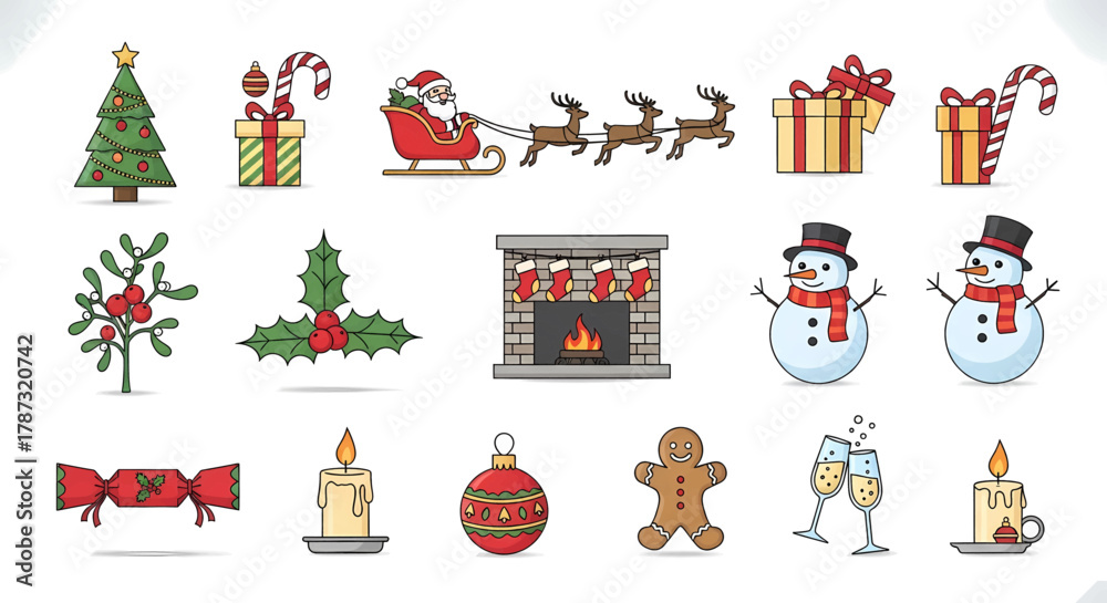 Naklejka premium Christmas Holiday Icons: Santas Sleigh Tree Snowmen Gifts Fireplace and Festive Decorations.