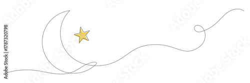 Ramadan Kareem moon one continuous line. Doodle illustration. Vector