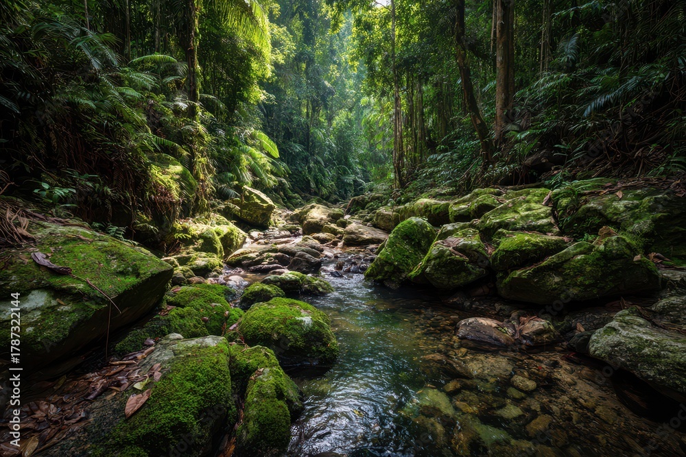 Obraz premium Sunlit canopy over a tranquil stream threading between stones and moss