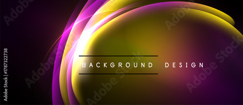 Abstract vibrant layers create luminous effect. Gold, purple hues blend seamlessly. Text reads background design. Minimalist, modern aesthetic.