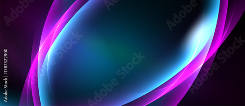 Abstract background features flowing curves, vibrant purple, blue hues. Smooth gradients create dynamic visual effect. Modern design.