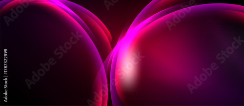Abstract shapes, vibrant magenta hues, smooth gradients. Dark background emphasizes glowing curves, creating dynamic visual impact.