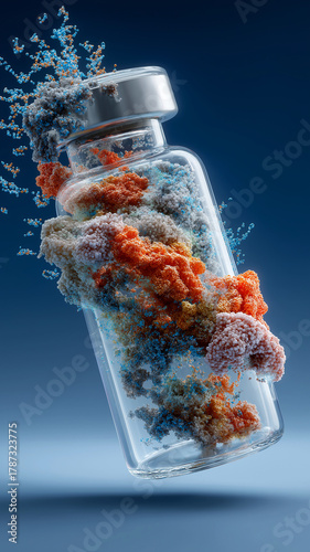 Vial containing colorful molecular structures, including red, gray, and pink peptides, is suspended against blue background, creating dynamic and scientific visual