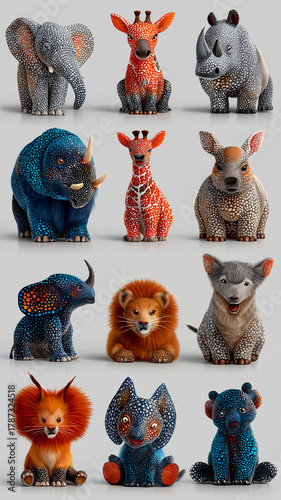 Collection of adorable, hand drawn and painted animal illustrations featuring elephant, giraffe, rhino, and more, each with unique patterns and vibrant colors on white background