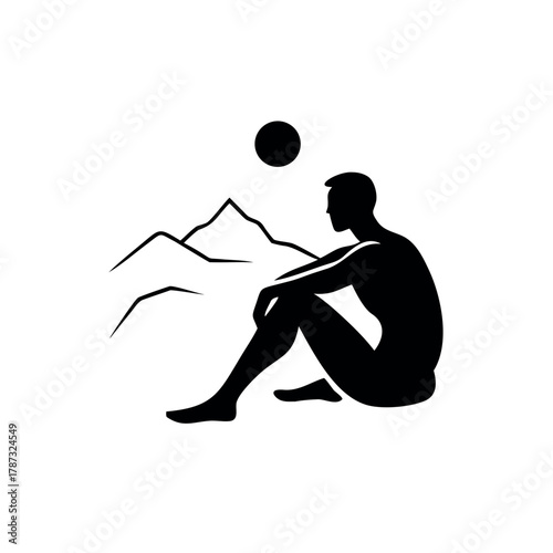 Man Sitting with Knees Up and Arms Around Them Gazing at Distant Hills Vector illustration