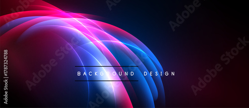 Abstract neon lines create dynamic curves. Vivid blues, pinks, purples blend against dark backdrop. Modern design element.