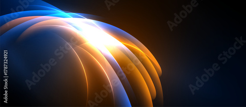 Abstract light composition. Blue, orange hues blend, creating dynamic energy. Bright focal point radiates outward, suggesting motion, depth.