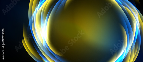 Abstract swirls, vibrant blues, yellows create luminous effect. Dark background emphasizes bright central glow. Smooth gradients define shapes.