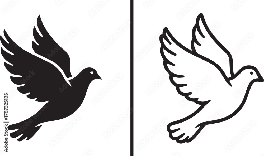 Obraz premium Simple flying dove vector icon set symbolizing peace, freedom, and spirituality on white background