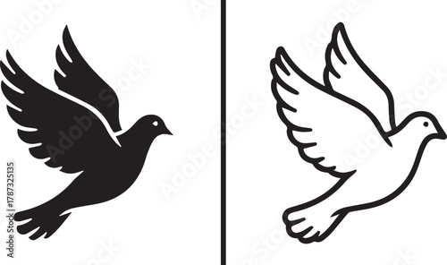 Simple flying dove vector icon set symbolizing peace, freedom, and spirituality on white background