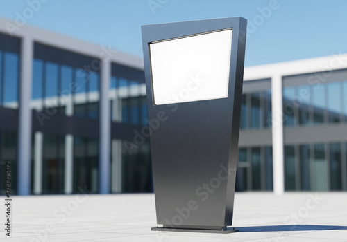 Contemporary wayfinding post stands tall in a modern urban setting, offering clear visual guidance for pedestrians and enhancing the aesthetic of the building's exterior