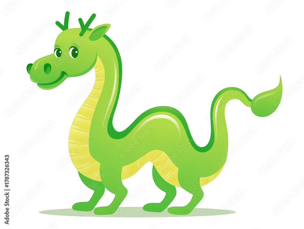 Fototapeta premium Cute green cartoon dragon with yellow belly, standing on four legs, smiling with friendly expression, fantasy animal illustration, playful and whimsical style