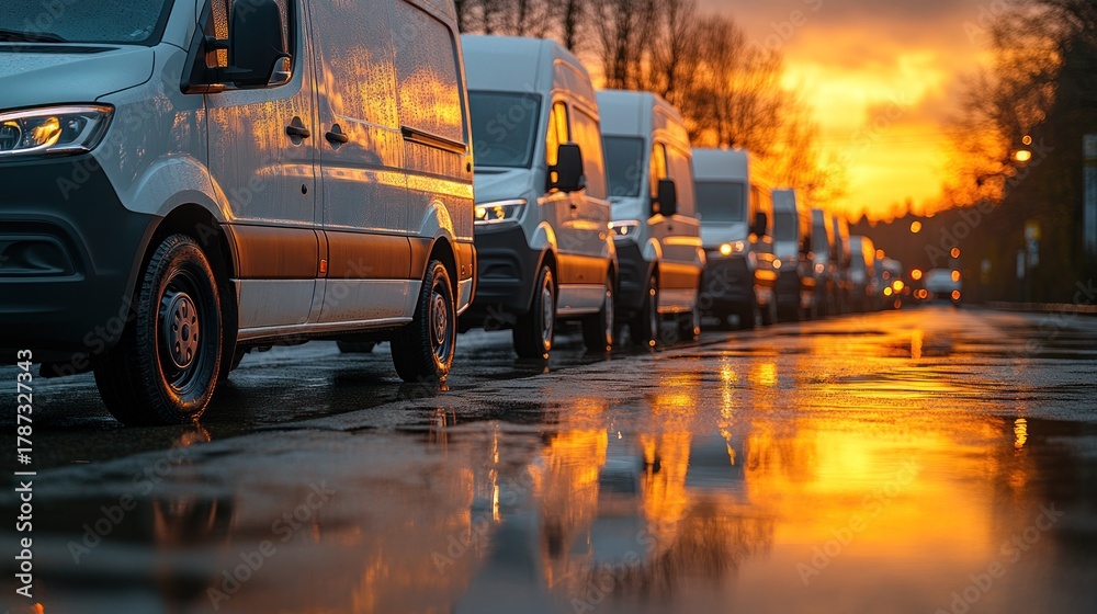 Fototapeta premium Line of vans in a wet street at sunset