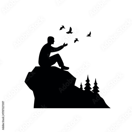 Man Sitting on Mountain Rock Watching Birds in Peaceful Atmosphere Vector illustration