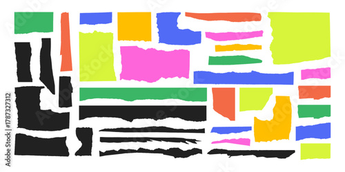 Jagged edge torn paper piece collage grunge cut out shapes vector illustration. Ripped paper abstract frame shape text box template collection.