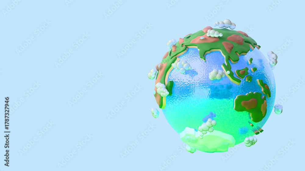 Fototapeta premium Glossy glass earth with green continents and clouds 3D render