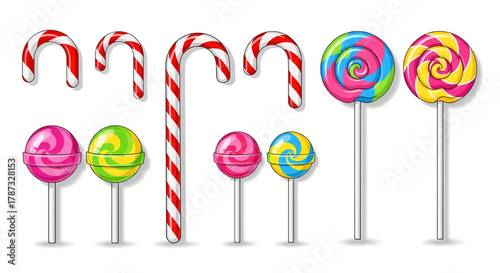 Colorful Lollipops and Candy Canes Set Sweet Striped and Swirled Treats.