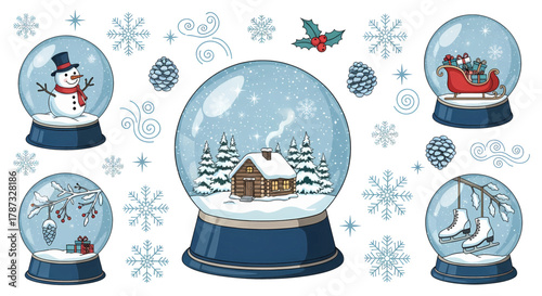 Collection of Festive Christmas Snow Globes with Winter Scenes and Decorations.