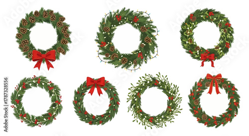 Collection of seven festive Christmas wreaths with red bows and berries.