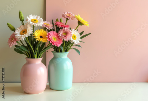 Wallpaper Mural Ceramic vases with flowers on table. Delightful still life in pastel colors. Aesthetics of interior design. Close-up. Copy space. Torontodigital.ca