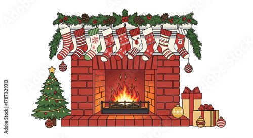 Festive Christmas illustration of a cozy brick fireplace with hanging stockings a tree and gifts.