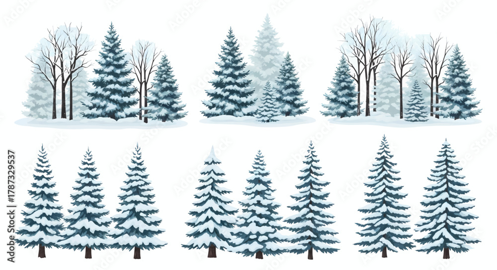 Obraz premium A collection of illustrated winter forest scenes with snow-covered evergreen and bare trees.