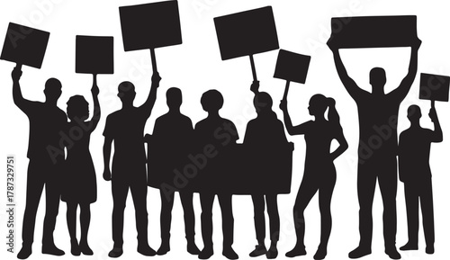 people in holding protest signs and banners silhouette vector