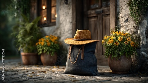 Fototapeta Naklejka Na Ścianę i Meble -  Boutique storefront with shopping bags and hat resting by the door, surrounded by flowerpots and modern decor.