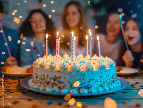 Tasty birthday cake with candles on table. In background, there is people celebrating their friend's birthday. Festive atmosphere of fun and joy. Close-up