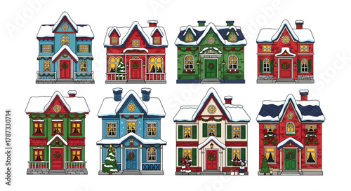 Eight colorful miniature Christmas village houses with snow-covered roofs and festive decorations.