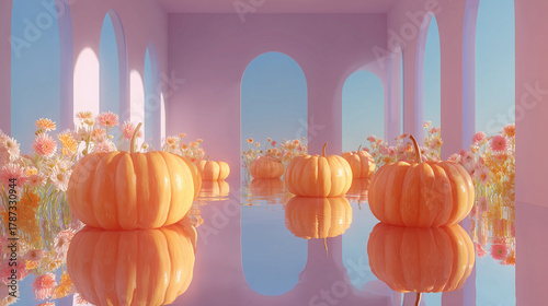 surreal garden of pumpkins reflected in endless mirrors, dreamy cinematic lighting