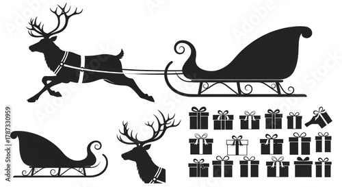 Silhouette of Santas Reindeer Pulling Christmas Sleigh with Gifts.