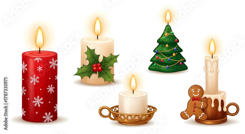 Festive Christmas Candles with Holiday Decorations and Figures.