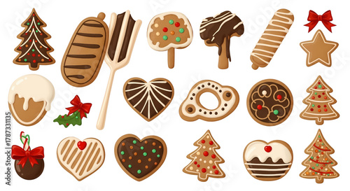 Assortment of Festive Gingerbread Cookies with Various Decorations.