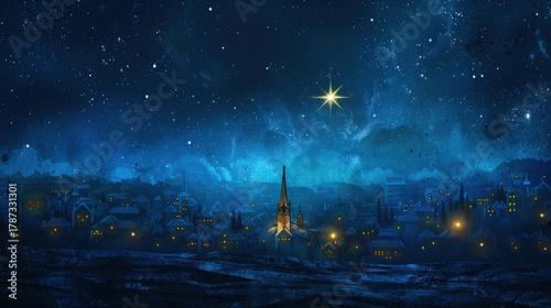Christmas sparkling star in night sky is shining brightly over beautiful old town. Mockup for Christmas greeting cards and winter holiday designs. Copy space.