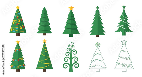 Collection of various Christmas tree illustrations decorated and plain in different styles.